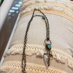 Hand Sautered Crystal Pendant Necklace with Turquoise on a 34 inch Chain